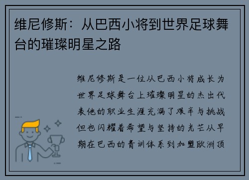 维尼修斯：从巴西小将到世界足球舞台的璀璨明星之路